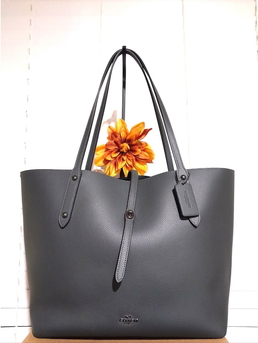 Coach NewYork  Polished Pebble Leather Market Tote Shoulder Bag dark gray